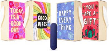 Purple vibrator next to assorted gift boxes