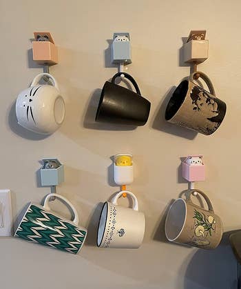 reviewer's hooks used to hang six mugs on a wall