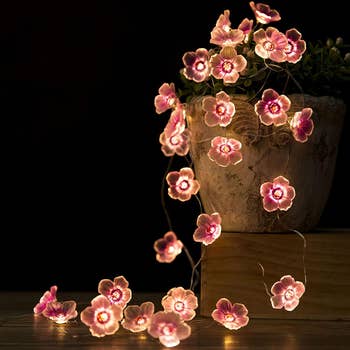 Pink flower fairy lights turned on and spilling out of planter on a table