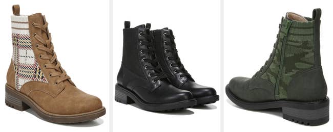 Three images of brown, black, and green boots