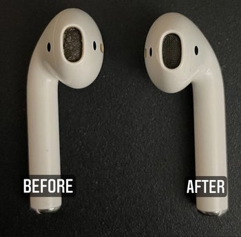 reviewer showing a before and after with their earbuds and how much gunk the pen cleaned out of it