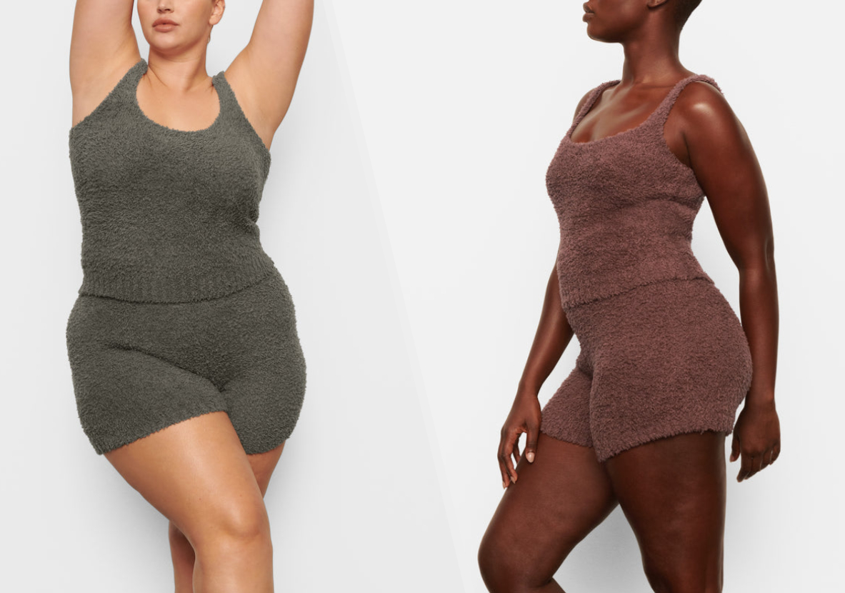 Two images of models wearing gray and brown sets