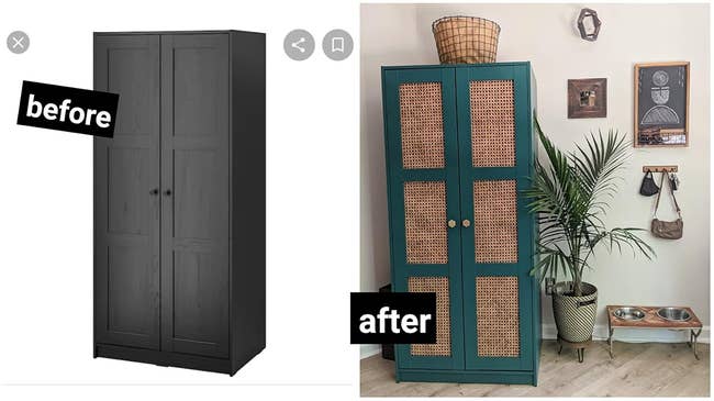 reviewer shows the diy makeover from plain to paneled with woven detail, paired with a plant and wall art for home shopping inspiration