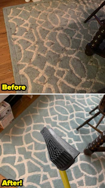 reviewer's before and after cleaning of a patterned rug, showing a significant difference in cleanliness