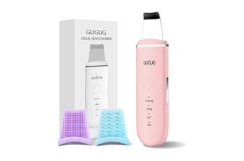 Facial skin scrubber and packaging displayed with two silicone pads. Suitable for cleaning, lifting, and ionic care, as noted on the box