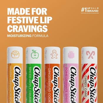 Warm Cinnamon Roll, Spiced Apple Crumble, Gingerbread Cookie, Pomegranate Spritzer, Candy Cane. Text promotes moisturizing formula