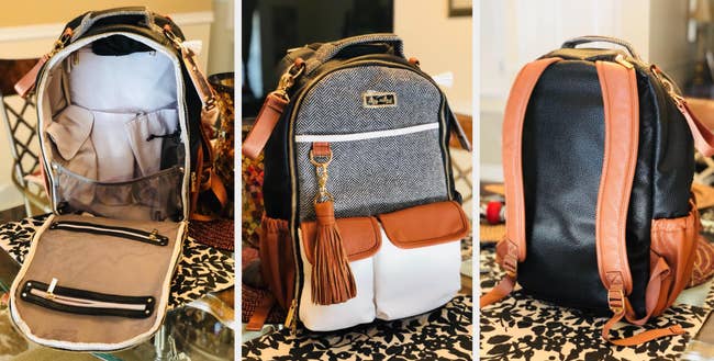 Three reviewer images of brown, white, and black backpack