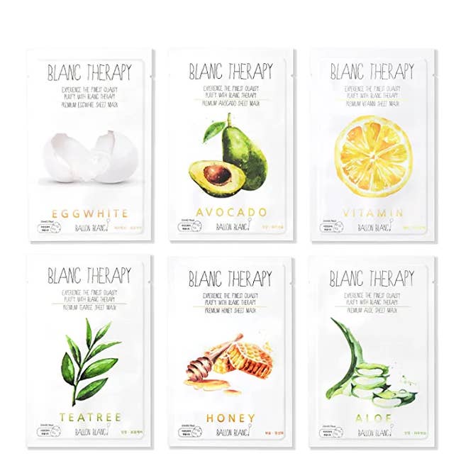 a variety of face mask sheets: egg white, avocado, vitamin c, tea tree, honey, and aloe
