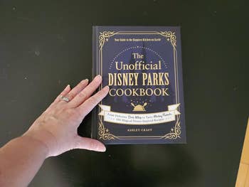 A reviewer's cookbook with their hand on the cover