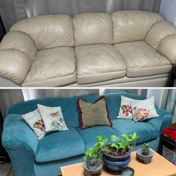 a reviewer before and after photo with blue velvet sofa covers