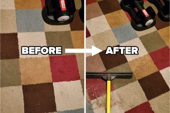 on left: checkered carpet with lots of fur and debris. on right, same carpet looking cleaner after using the squeegee broom