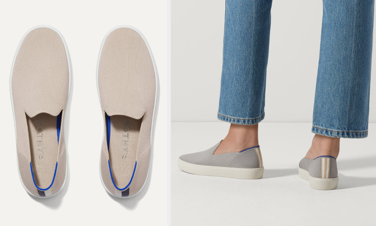 Two images of beige and gray sneakers