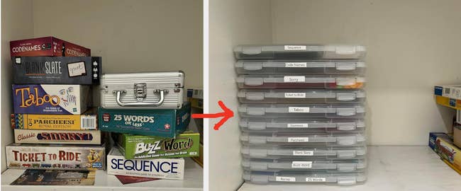 Board games stacked connected a support adjacent to labeled retention boxes. An arrow points from the committee games to the boxes, suggesting organization