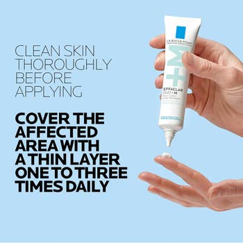 Hand holding a tube of skincare product with text instructions on application: 