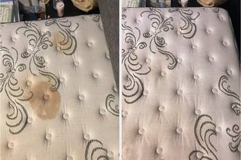 before and after of reviewer's mattress with pee stains on it and after cleaning without stains