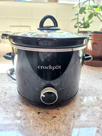 reviewer's small 2-quart black slow cooker on a counter