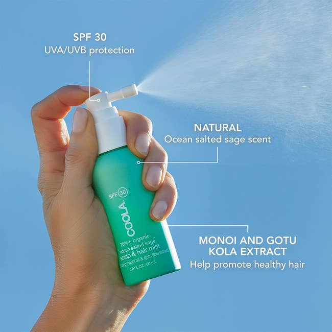 infographic showing the mist has SPF 30 UVA/UVB protection, an ocean salted sage scent, and can help promote healthy hair
