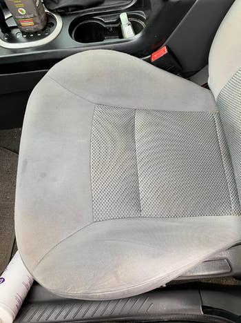 on right: same car seat with less stains after using the carpet spot remover spray
