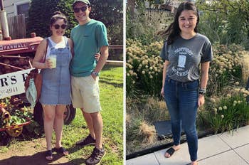 two photos of the buzzfeed editor wearing black slide sandals