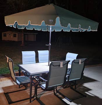 a reviewer's light shining down on an outdoor table at night 