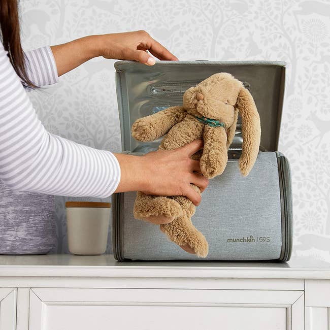 a model placing a stuffed animal in the sanitizer