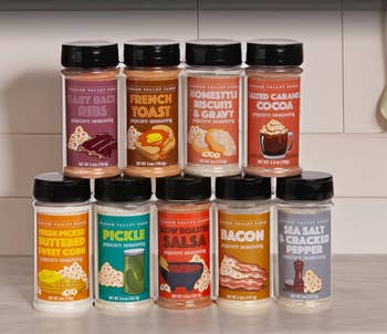 Eight jars of popcorn seasoning with flavors including Baby Back Ribs, French Toast, Biscuits & Gravy, Cocoa, Butter, Pickle, Salsa, and Bacon