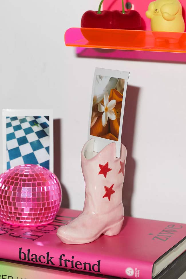 pink cowboy boot-shaped Instax mini photo holder