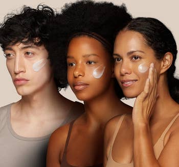 Three models demonstrating moisturizer application on their cheeks
