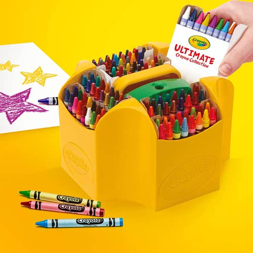 The crayons in the yellow caddy