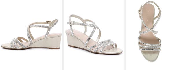 Three images of the colored dressy wedge sandals 
