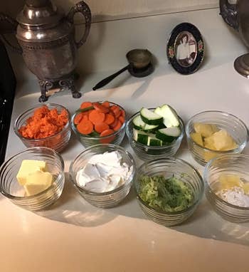 reviewer photo of the bowls being used to hold assorted chopped vegetables
