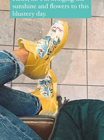 reviewer wearing cute yellow rain boots with text over it saying 