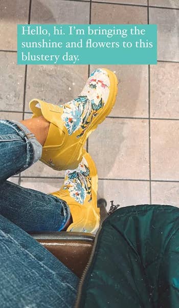reviewer wearing cute yellow rain boots with text over it saying 