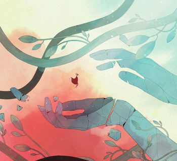 a. screenshot from the game showing a character in a dress floating down onto an outstretched green hand 