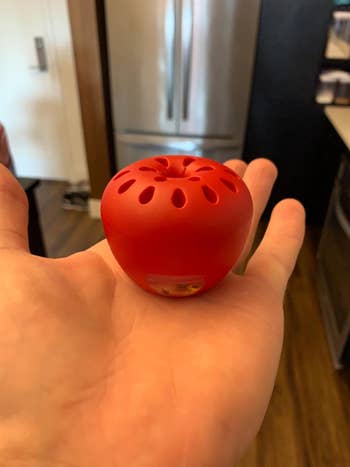 reviewer holding the red apple-shaped trap in their hand