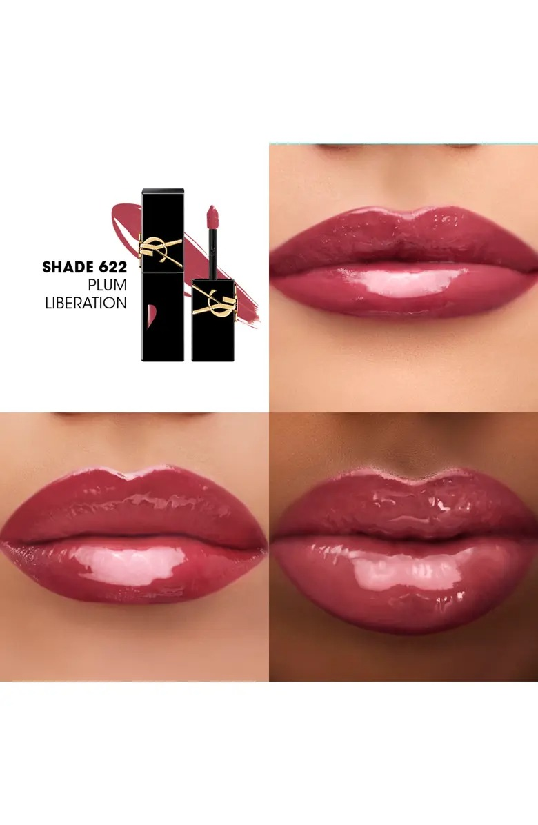 Collage of lips wearing Yves Saint Laurent Rouge Pur Couture lipstick successful  Shade 622 Plum Liberation; shows texture and decorativeness  connected  antithetic  lips