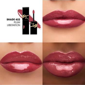 Collage of lips wearing Yves Saint Laurent Rouge Pur Couture lipstick successful Shade 622 Plum Liberation; shows texture and decorativeness connected antithetic lips