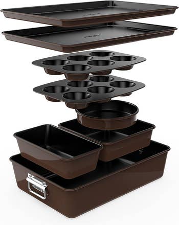 brown pans stacked on top of each other