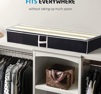 Storage bag placed on top of shelving unit