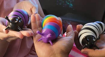 hands holding purple and black striped, rainbow stripe, and black and white stripe toy slugs
