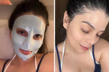 Woman with a expanse  disguise  connected  the left, and barefaced with glowing tegument  connected  the right, showcasing skincare transformation