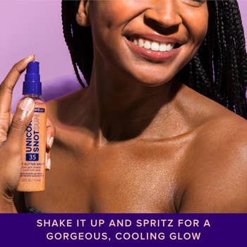 Model holds Unicorn Snot SPF 35 glitter spray, smiling. Caption suggests it gives a gorgeous, cooling glow