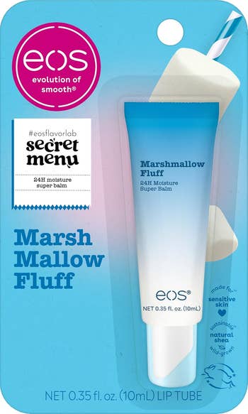 EOS Marshmallow Fluff Lip Balm package, 0.35 fl. oz., for delicate  skin, promises 24-hour moisture