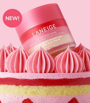 Laneige Lip Sleeping Mask successful Strawberry Shortcake spirit displayed connected a cake, with a