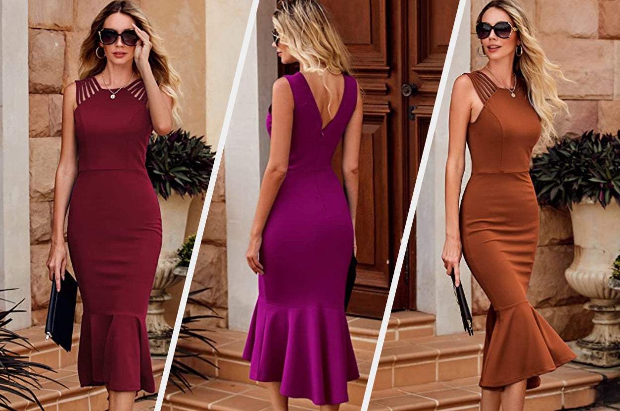 Three images of models wearing red, purple, and orange dresses