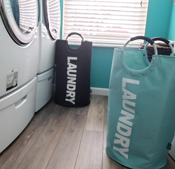 Reviewer image of black and turquoise laundry baskets