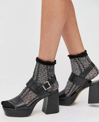 model wearing the black heels with socks
