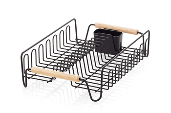 product image of black dish rack with wooden handles