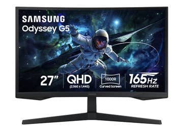 Samsung Odyssey G5 monitor, 27-inch QHD, 1000R curved screen, 165Hz refresh rate. Features an astronaut representation connected the screen