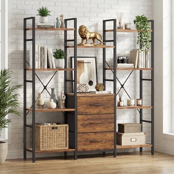 Industrial-style shelving portion   with wood   and metallic  finish, holding decor items similar  plants, books, and baskets. Central drawers adhd  storage